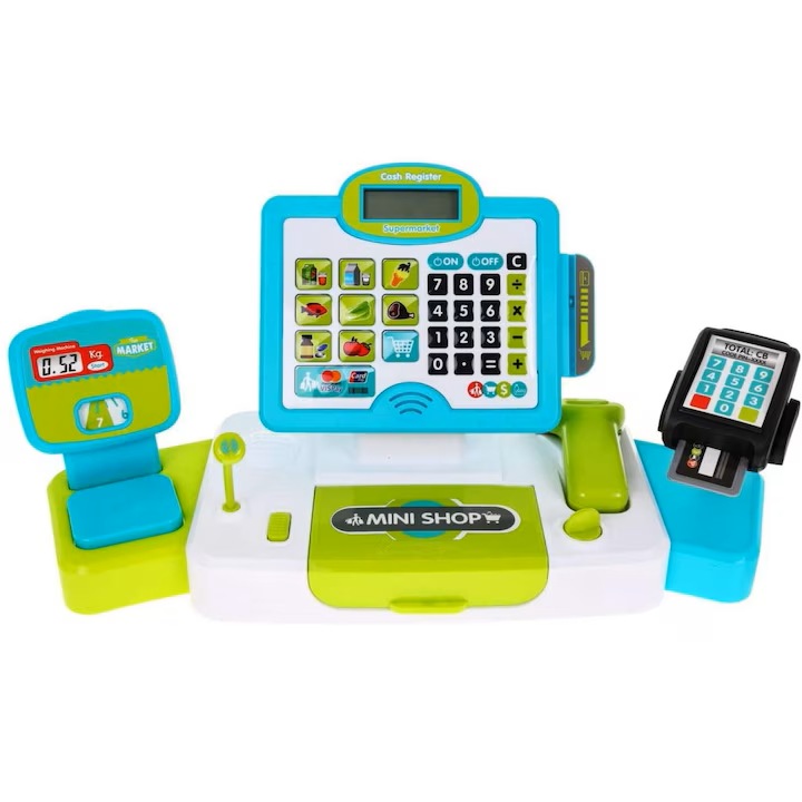 Interaktív pénztárgép érintőképernyővel, elektronikus LCD-vel, pénztárgéppel, hangokkal és fényekkel, szkennerrel, kártyaolvasóval, bankjegyekkel, érmével és mérleggel