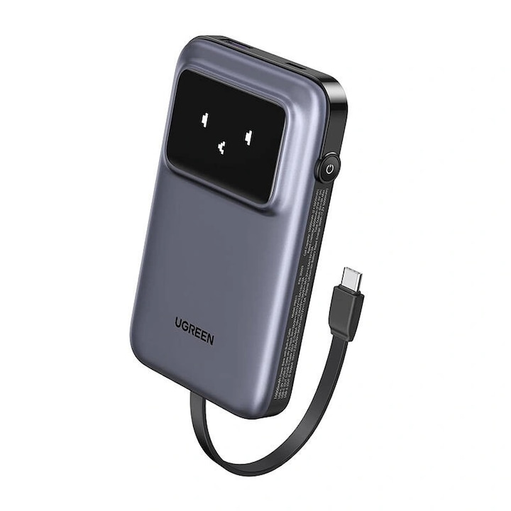 Ugreen Uno PB511 külső akkumulátor, 10000mAh, 30W, szürke, méretek 116x72x22mm, integrált USB-C kábel