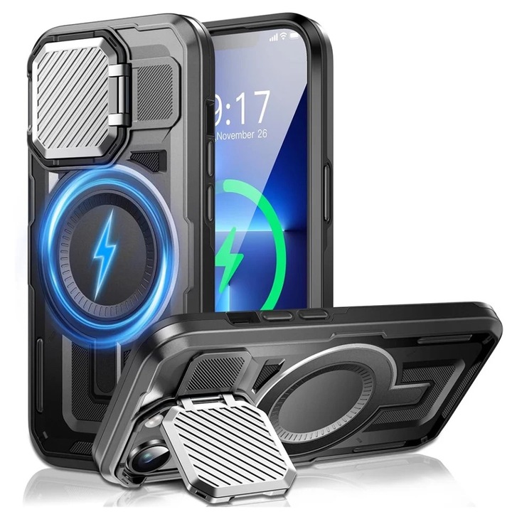 Husa pentru iPhone 13 Pro, SKYDDAR INNOVATION, CamVault MagSafe, cu Protectie Camera, Negru, Set cu sticker 40x40mm