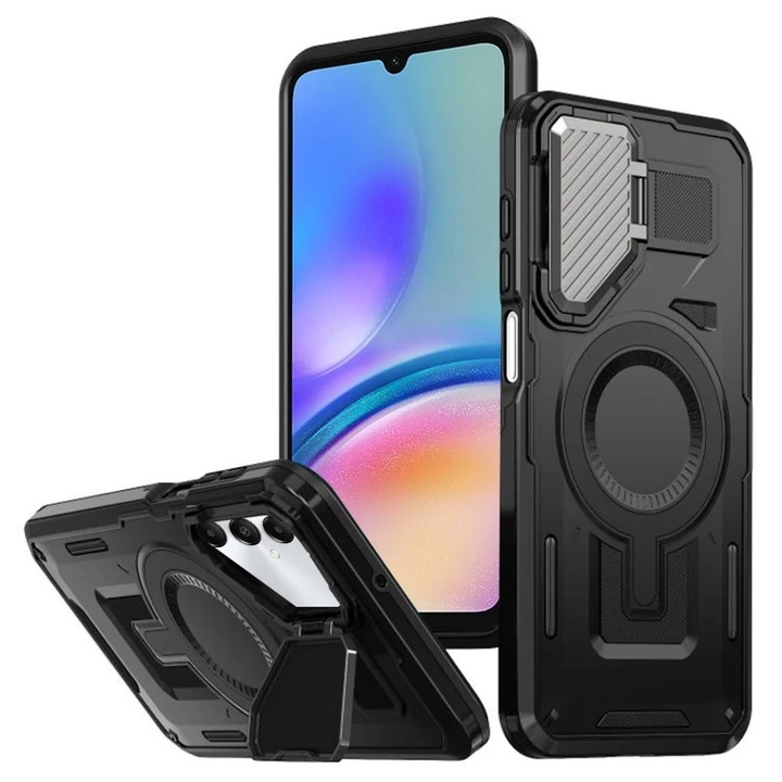 Husa pentru Samsung Galaxy A05s, SKYDDAR INNOVATION, CamVault MagSafe, cu Protectie Camera, Negru, Set cu sticker 40x40mm