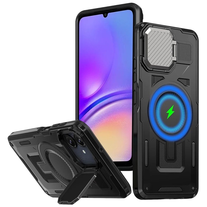 Husa pentru Samsung Galaxy A05, SKYDDAR INNOVATION, CamVault MagSafe, cu Protectie Camera, Negru, Set cu sticker 40x40mm