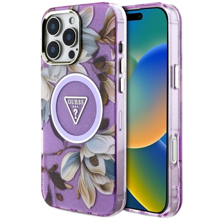 Guess Glitter Flowers Triangle Buttons Калъф MagSafe Съвместим с iPhone 16 Pro Purple