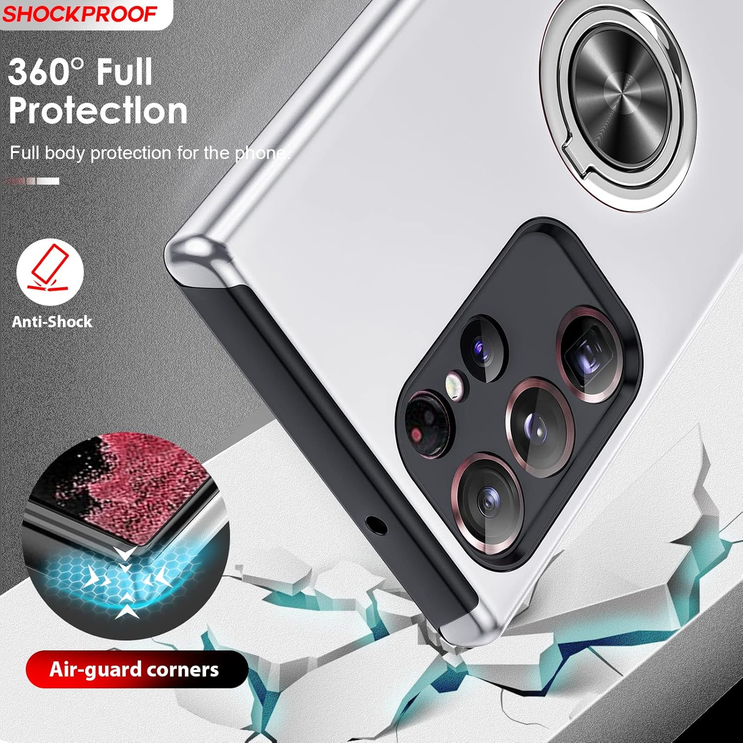 Husa de protectie pentru Samsung Galaxy S23 Ultra, Hybrid Antisoc, Kickstand, Bumper inel rotativ 360, Silver
