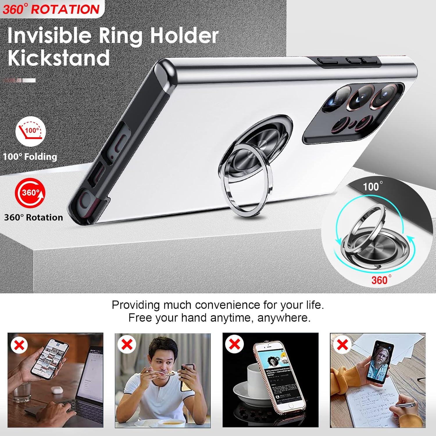 Husa de protectie pentru Samsung Galaxy S23 Ultra, Hybrid Antisoc, Kickstand, Bumper inel rotativ 360, Silver