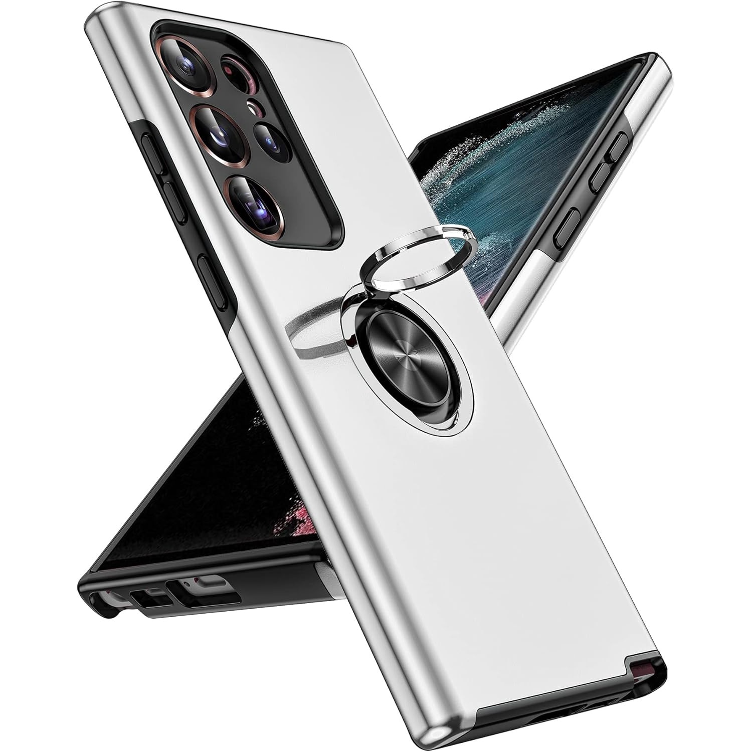 Husa de protectie pentru Samsung Galaxy S23 Ultra, Hybrid Antisoc, Kickstand, Bumper inel rotativ 360, Silver