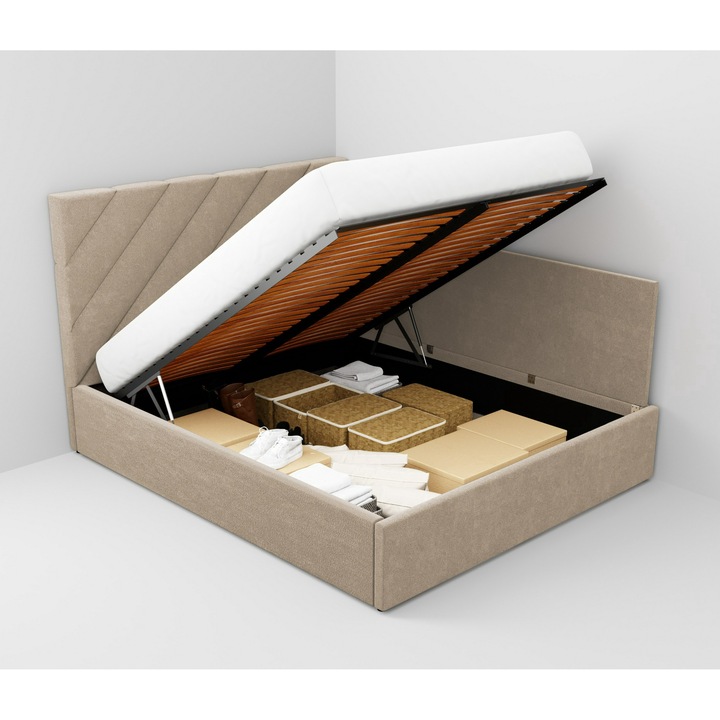 Pat tapitat de colt Bali, cadru lemn si pal, 160x200 cm, crem, cu somiera rabatabila si lada depozitare