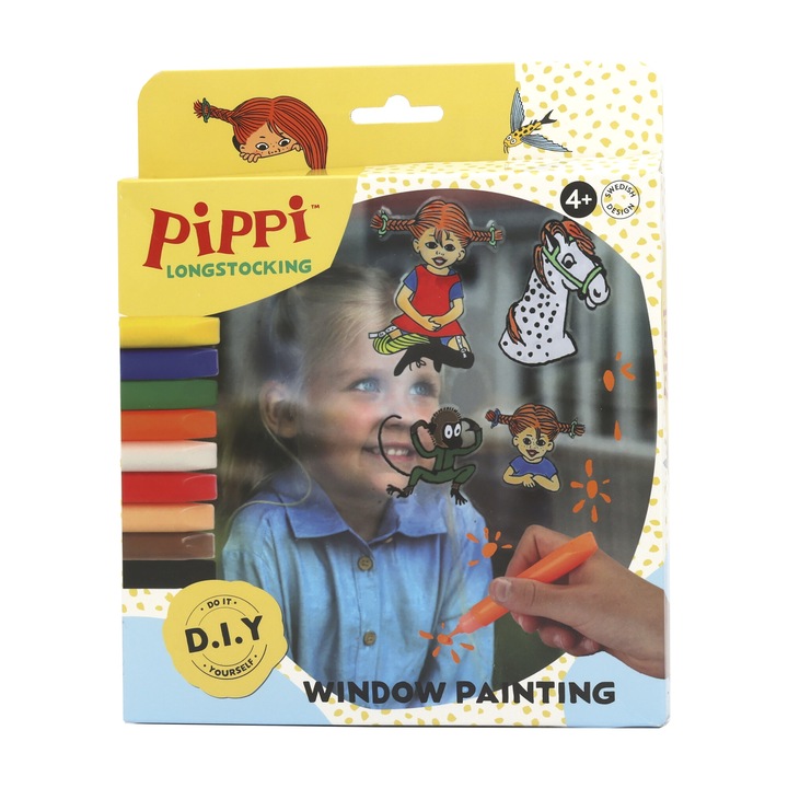 Set creativ de pictura si decorare feronerie Pippi Langstrumpf, 4 sabloane, 9 culori, multicolor, pentru copii peste 4 ani