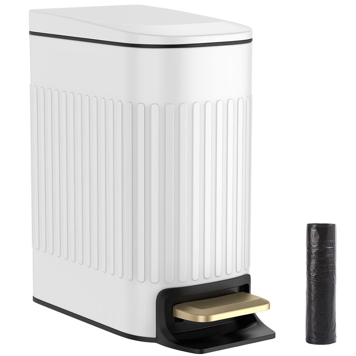 Cos de Gunoi Bucatarie, BYONDSELF®, 6L, Design Slim, economisiti spatiu, pentru Blat sau Sub Chiuveta, in Dulap, Bucatarie, Baie, Birou, Camara, Potrivit pentru Colectare Selectiva, Alb