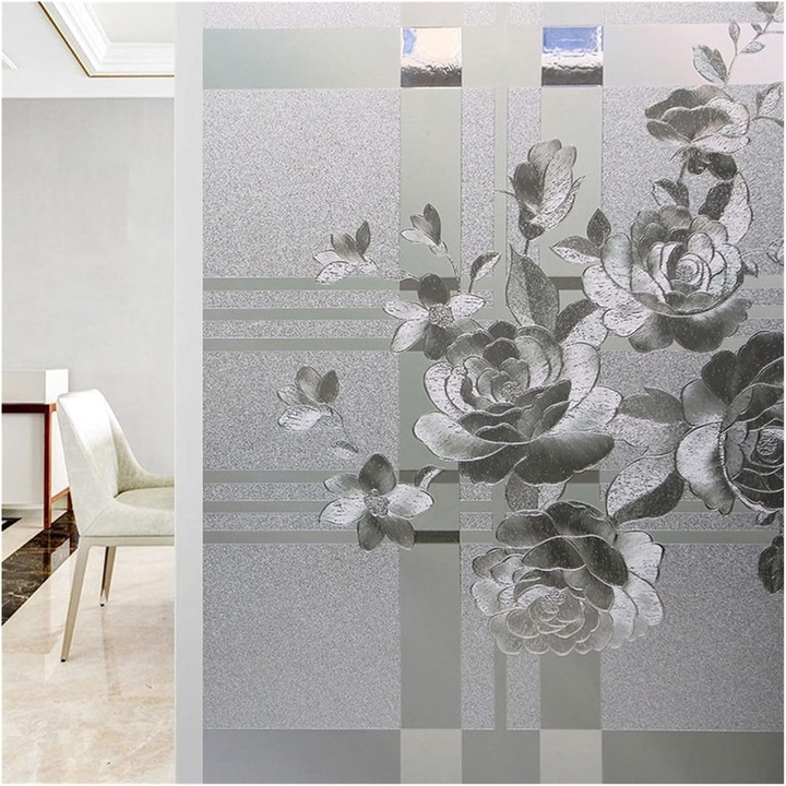 Folie geam opaca, decorativa, 44.5 x 200 cm, protectie UV, model flori