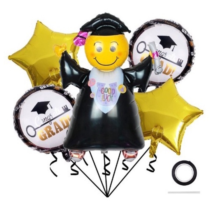 Тематични балони за дипломиране, Flippy, комплект от 5 балона, 1 фигурка на дипломиран, 2 звезди, 2 кръга, алуминиево фолио, 70 x 40 см, въздух и хелий, черно злато