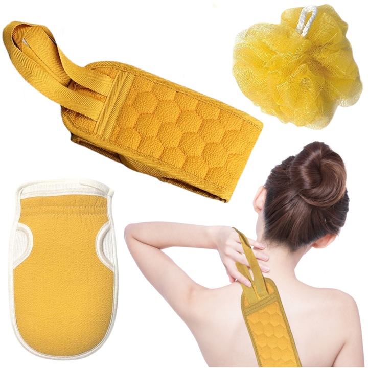 JDS fürdőszobai szett, 3 részes, sárga és téglavörös, kesztyűvel, kefével és hátradörzsölővel