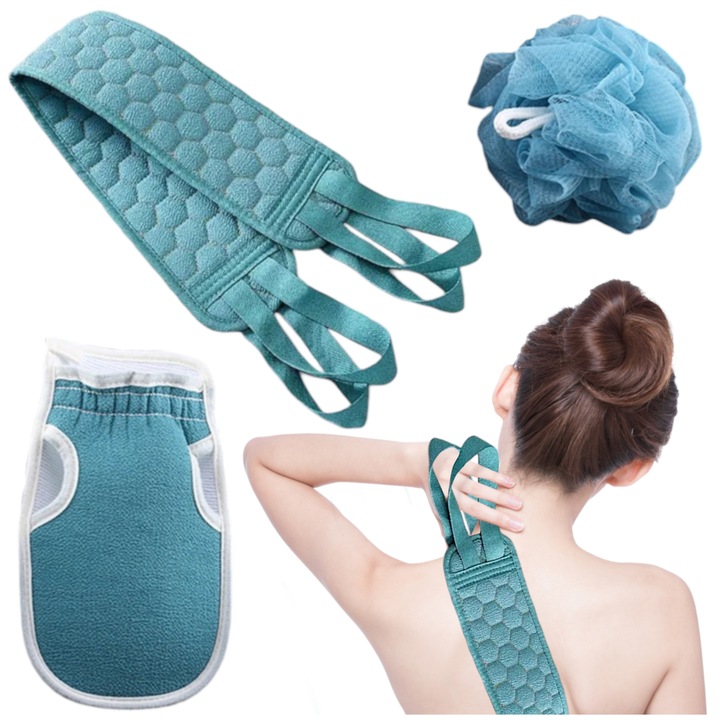 JDS Fürdőszobai szett - szivacs, kesztyű, hátradörzsölő öv, kék, 77x9cm