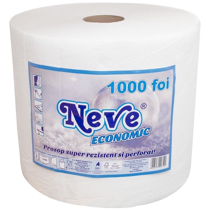 Prosop Hartie Neve ® pentru Uz Casnic, 2 Straturi, Lungime 230 m, 1000 Foi, Culoare Alba
