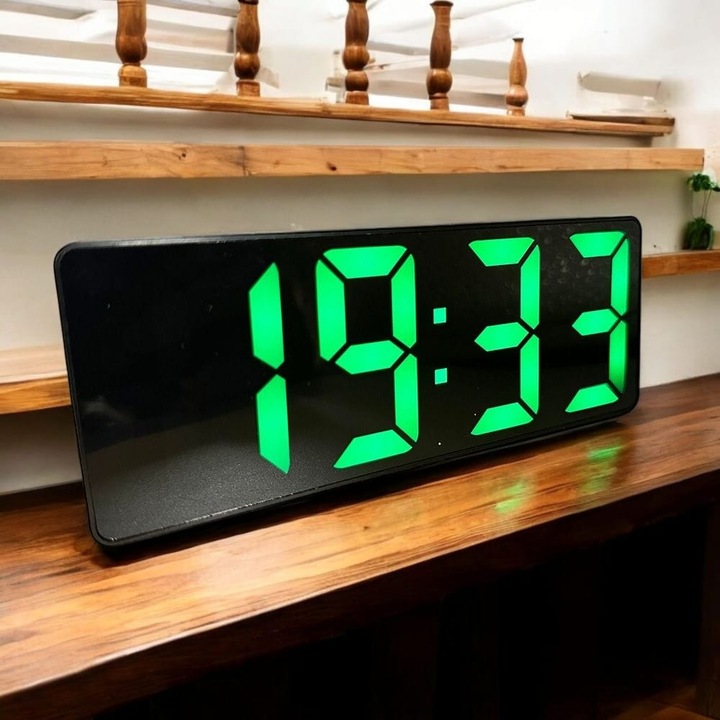 Digitális asztali óra, USB töltés, ébresztő, hőmérséklet, naptár, zöld LED, 16 x 6 x 2,5 cm, VisionXXI