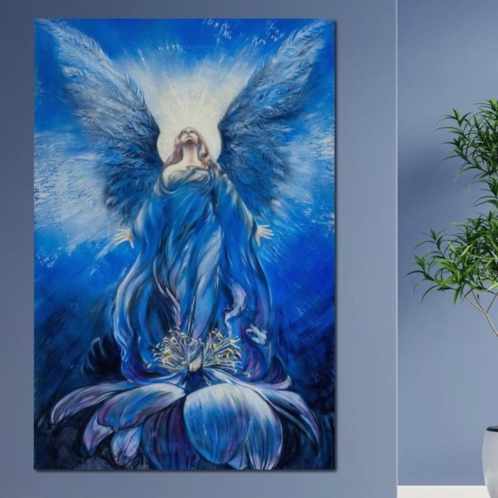 Премиум картина върху платно, LuxCanva® H1015, Божествена благодат, 100 X 150 см, 100% памучно платно 400 г/м2, дървена рамка, Ангел, Благодат, Божествено, Полет, Небе, Мир, Защита, Послание, Красота, Хол, Спалня