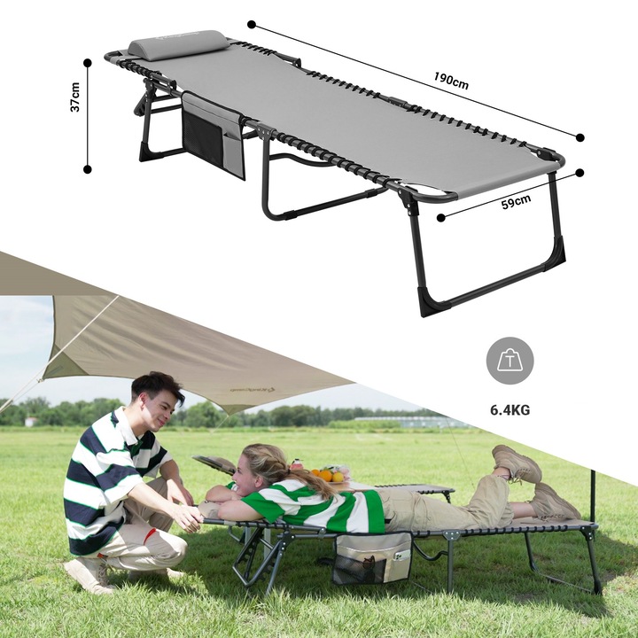 Sezlong pliabil de camping King Camp Berlin, 190x59x37cm, material Oxford 60D, cu perna si buzunar lateral