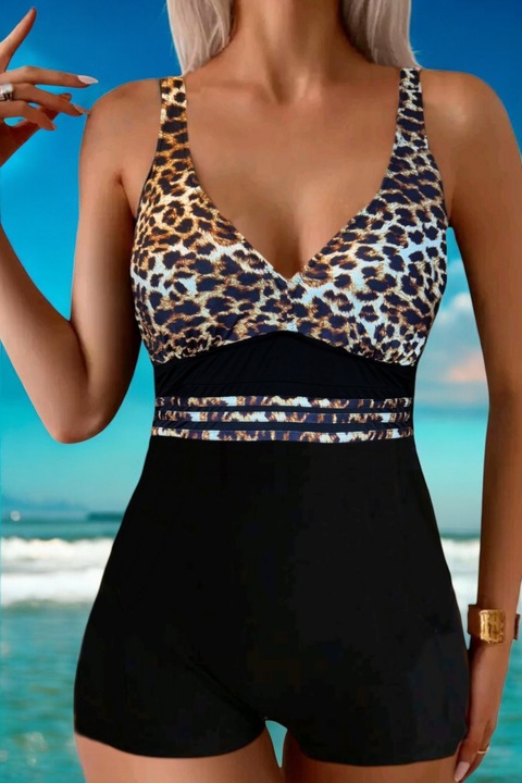 Дамски цял бански, оформящ ефект, с къси панталонки, животински принт lm052 9207, Черен