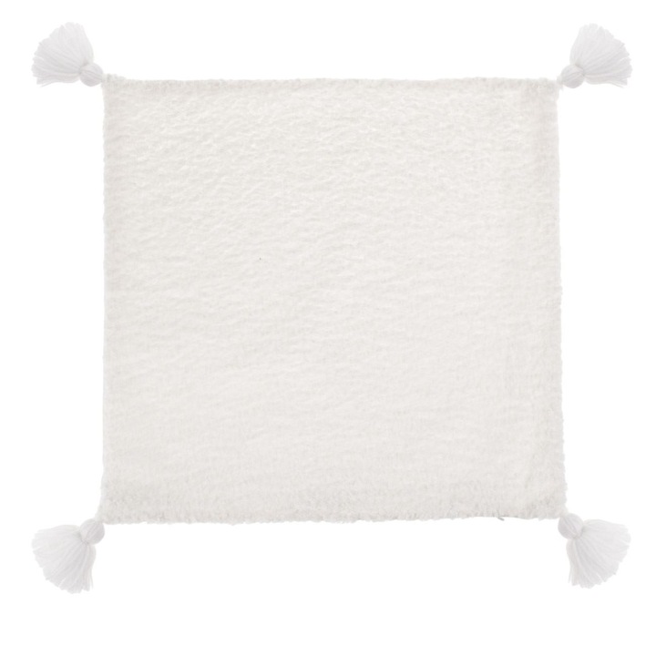 Fata de Perna Decorativa de Iarna din Imitatie de Blana Alba cu Ciucuri 40x40cm