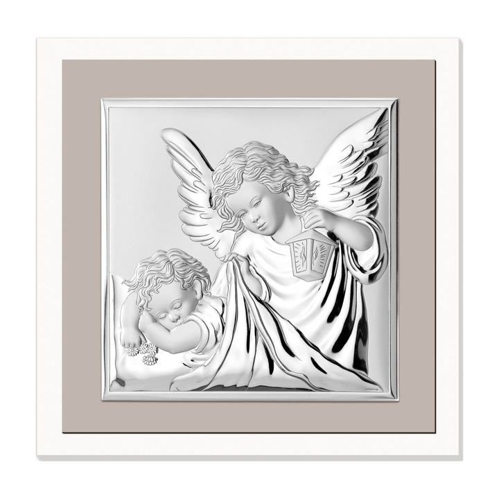 Obraz cu inger pazitor, Valenti, argintiu, 17x17cm, din lemn si metal MIRO-SILVER, set de decorare pentru camera de copil