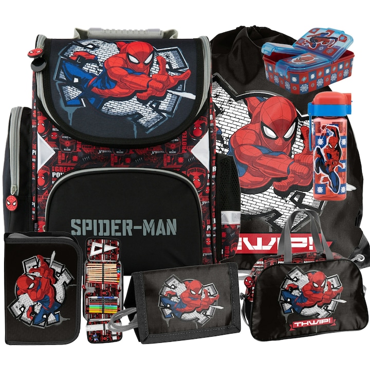 Set ghiozdan și accesorii pentru copii Spider-Man, penar, sac pantofi, cutie prânz, sticlă apă, geantă sport, portofel, negru-verde, 26x12cm