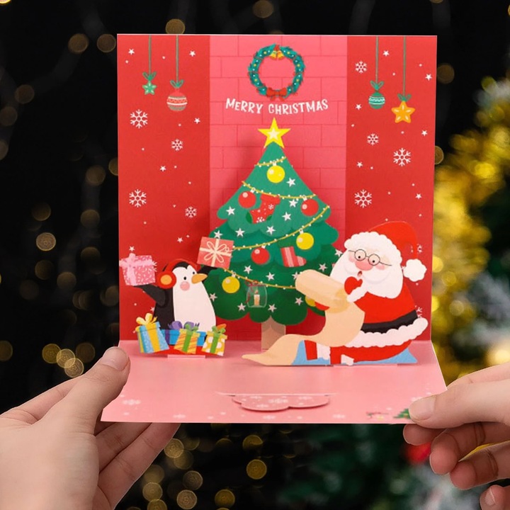 Felicitari de Craciun 3D, set de 3, design cu om de zapada si ursulet, multicolor, dimensiune standard