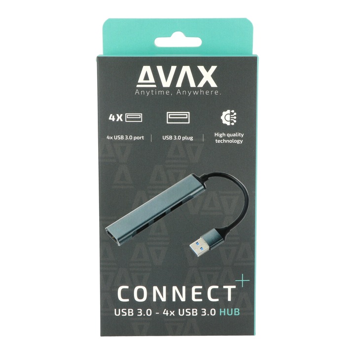 Hub USB 3.0 Avax HB600 CONNECT+ 4-porturi, negru, compact