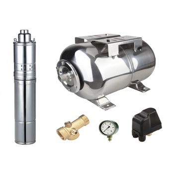 Kit complet sistem hidrofor, pompa submersibila cu surub APC 4QGD 0.55/50, rezervor de 50 litri din inox, presostat, racord 5 cai, manometru Kit complet sistem hidrofor, pompa submersibila cu surub APC 4QGD 0.55/50, rezervor de 50 litri din inox, presostat, racord 5 cai, manometru