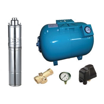 Kit complet sistem hidrofor, pompa submersibila cu surub Maxima 4QGD 0.37/100, rezervor de 100 litri cu manometru, presostat, racord 5 cai, manometru Kit complet sistem hidrofor, pompa submersibila cu surub Maxima 4QGD 0.37/100, rezervor de 100 litri cu manometru, presostat, racord 5 cai, manometru