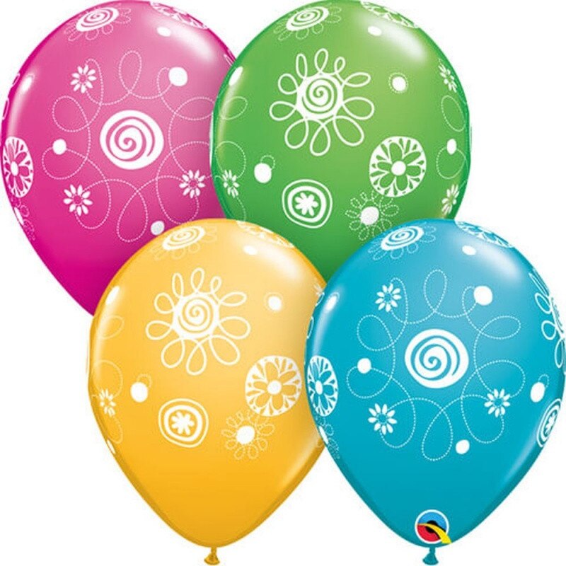 Set 5 baloane latex 11''/28cm Flori & Cercuri, Qualatex 48371