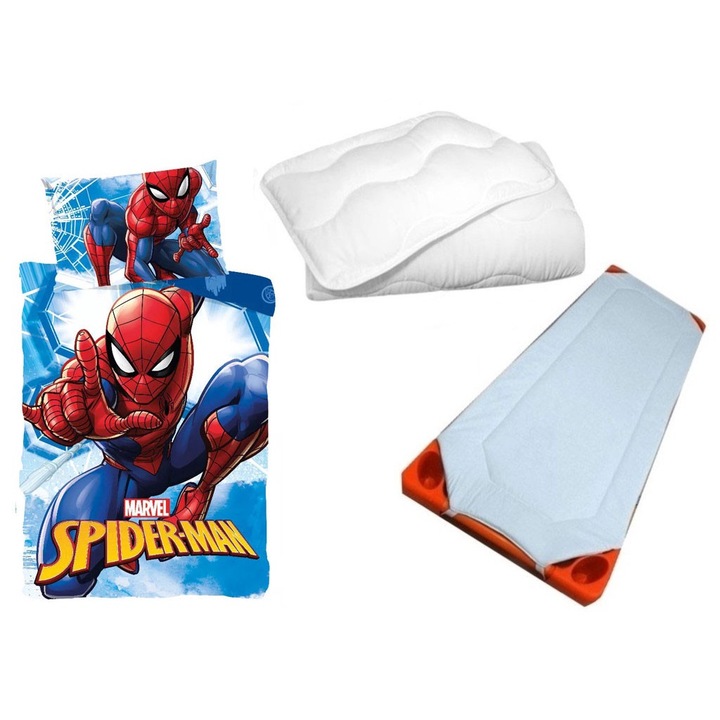 Set lenjerie de pat copii, Javoli, Spiderman, Cuvertura de pilota si set plapuma/Fata de perna 100x135 cm 40x60 cm (Webmaze)