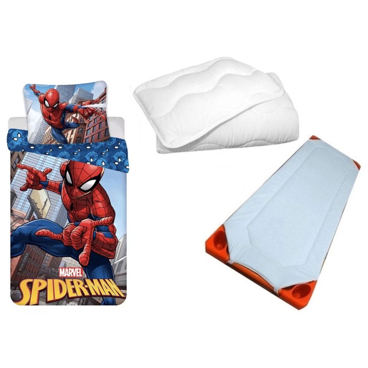 Lenjerie de pat copii, Javoli, Spiderman, Cuvertura de pilota si set plapuma/Fata de perna 100x135 cm 40x60 cm (Albastru)
