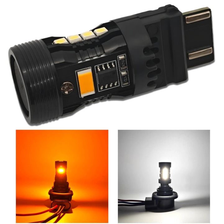 Bec LED Auto, Semnalizare si Pozitie, motoLEDy, P27/7W 3157, Set 2 bucati, Cu doua filamente, Fara erori CANBUS, Fara polaritate, Stabil in parametri 1h, 8+2 LED-uri SMD 3030/3570, 9-16V, Unghi 360°, Flux 1600/400 lm, Compatibil UE-SUA, Alb-Portocaliu