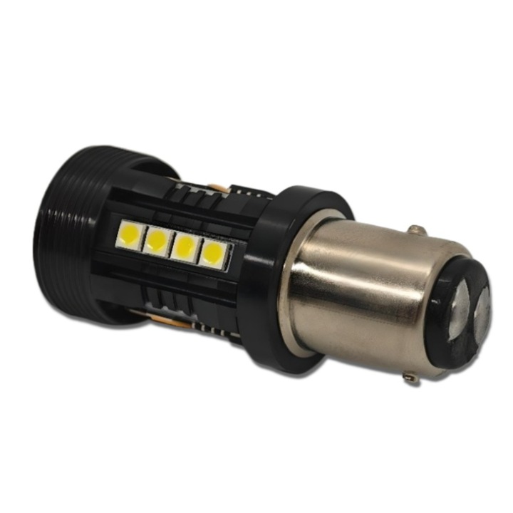 Bec LED Auto, motoLEDy, BAY15D P21/5W, Tensiune 9-16V, pentru semnalizare si pozitie, CANBUS, fara eroare, Alb-Portocaliu, Set 2 bucati, fara polaritate, cu doua filamente, fara rezistori suplimentari, stabilitate parametri 1 ora, durata lunga de viata