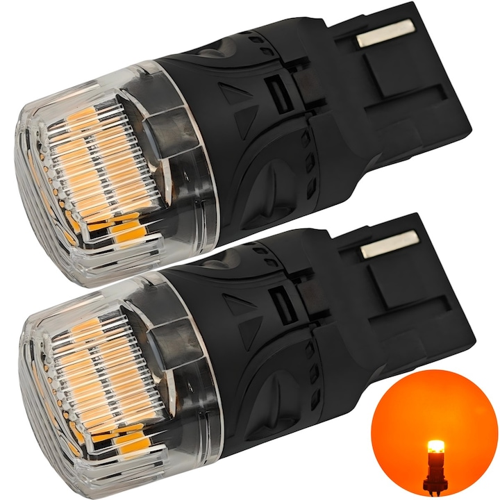 Bec LED auto pentru semnalizare, Set 2 bucati, motoLEDy, W21W, 7440, 1800lm, 12V, CANBUS, un singur filament, 16 diode SMD 2835, unghi iluminare 360°, pornire instantanee, consum redus de energie, durata de viata 50000h, Portocaliu