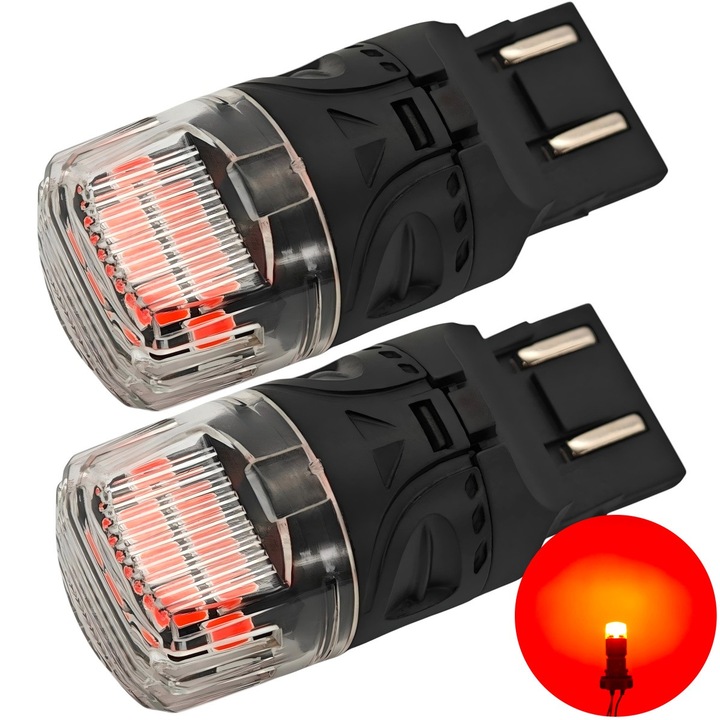 Autó LED izzó, motoLEDy, W21/5W, 7443, 12V, 1800lm, CANBUS, kettős szálas, helyzetjelző és féklámpa, hátsó ködlámpa, 16 SMD 2835 dióda, 360°-os sugárzási szög, polarizáció nélküli, ütésálló, 50 000 óra élettartam, piros, 2 darabos készlet, CE tanúsítvány