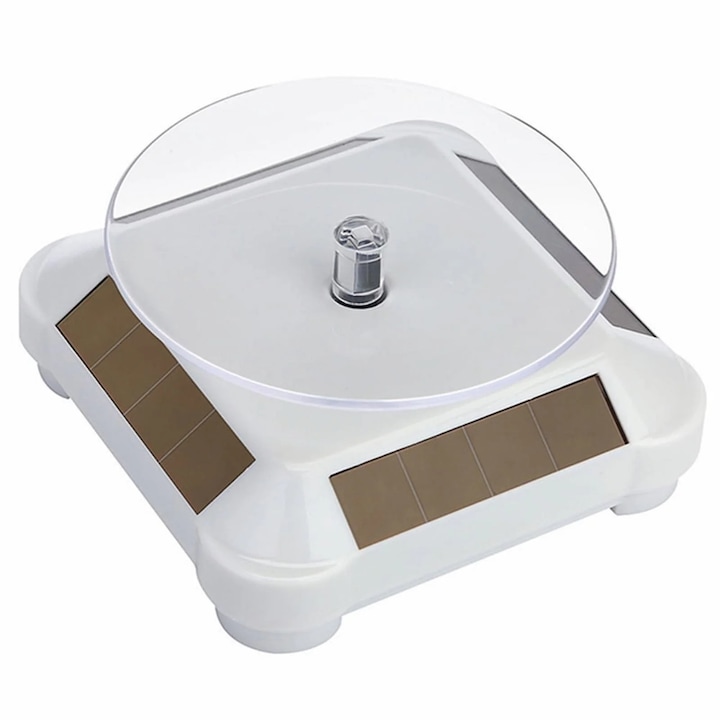Suport rotativ solar 360 pentru bijuterii si ceasuri, argintiu, 10x10x4.5cm