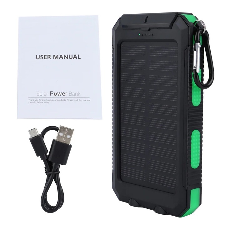 Panou solar monocristalin, capacitate 8000mAh, impermeabil, negru-verde, 14x7.5x2cm, cu lanterna și busola