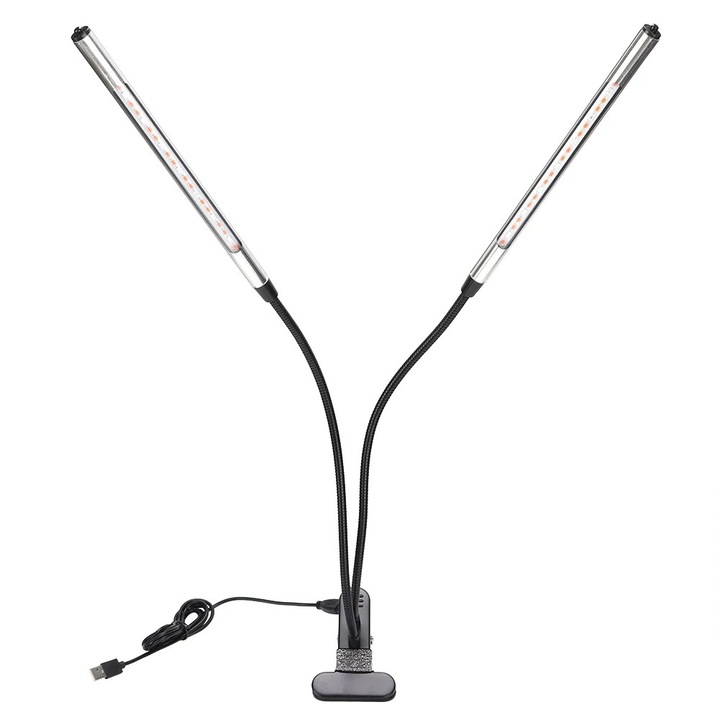Lampa LED pentru plante cu 2 capete, 18W, neagra, cu temporizator, USB