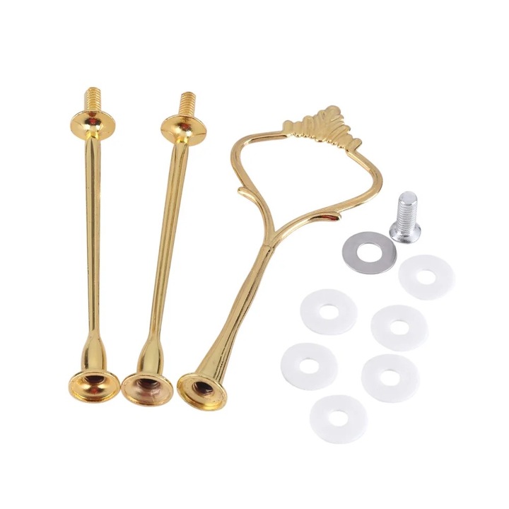 Suport pentru torturi cu 3 etaje, aurie, forma de coroana, lungime totala 34cm, set complet