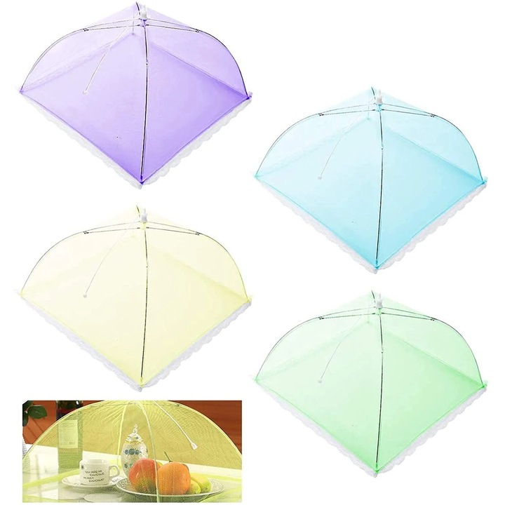 Set 4 capace alimentare pliabile, protectie anti-insecte, multicolor, 44x44x30 cm