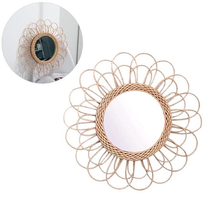 Oglinda circulara din ratan, 40cm, cu oglinda de 20cm, decor boho, multicolor