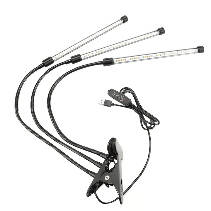 Lampa de crestere LED cu 3 capete, 18W, USB, suport cu clema, neagra, pentru plante de interior