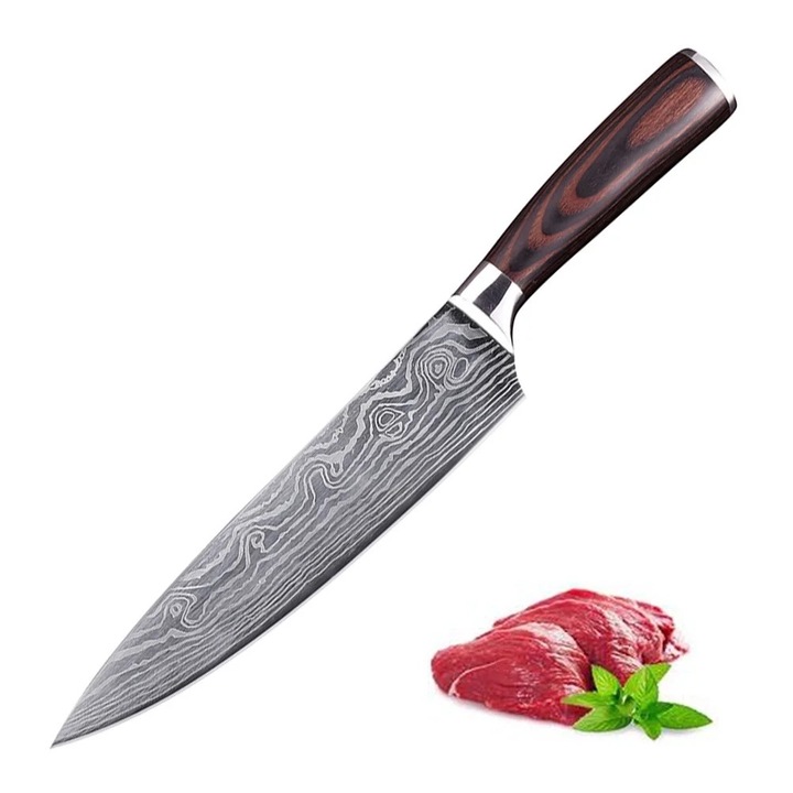 Cutit de bucatarie multifunctional 8 inch, otel 7cr17 Mov, maner din lemn colorat, 32.5x4.5x0.2cm