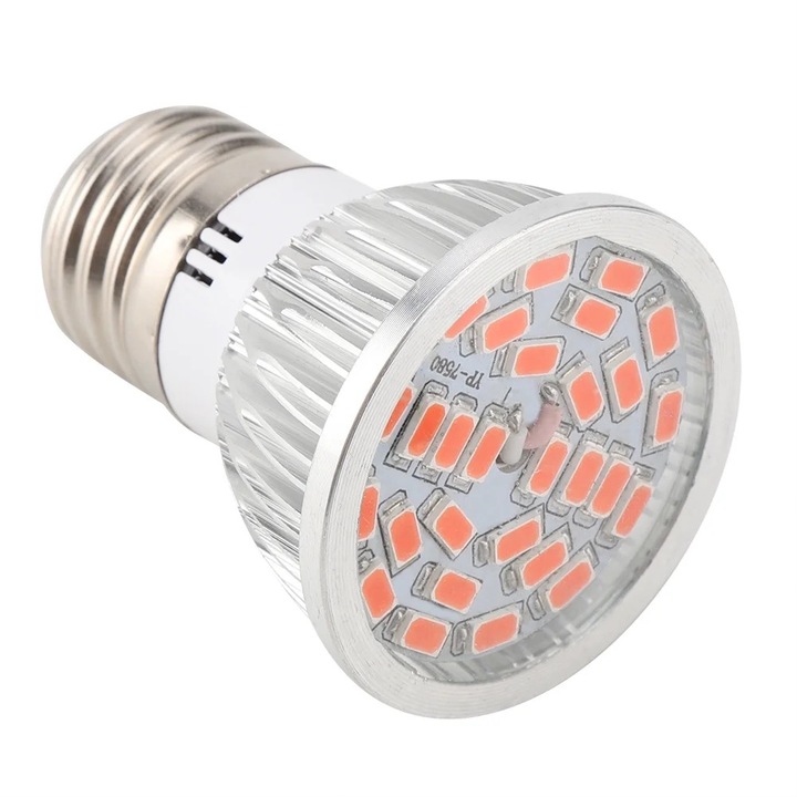 Lampa de crestere LED 6W E27, 28 LED-uri spectru complet, dimensiuni 6.5x4.8cm, pentru plante de interior
