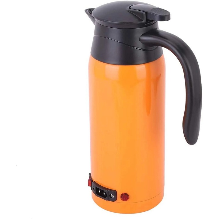 Fierbator electric portabil 800ml, 12V/24V, otel inoxidabil, portocalie, dimensiuni 27x10x18cm, set cu cablu pentru bricheta