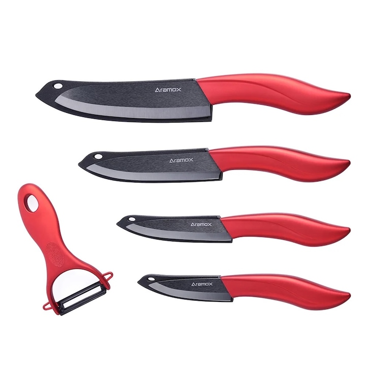 Set de 5 cutite ceramice, maner rosu, rezistente la coroziune, dimensiuni variate