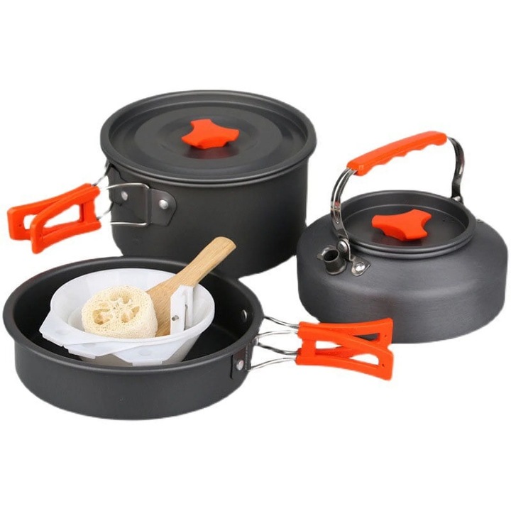 Set vesela camping din aluminiu, oala, tigaie, ibric, maner pliabil