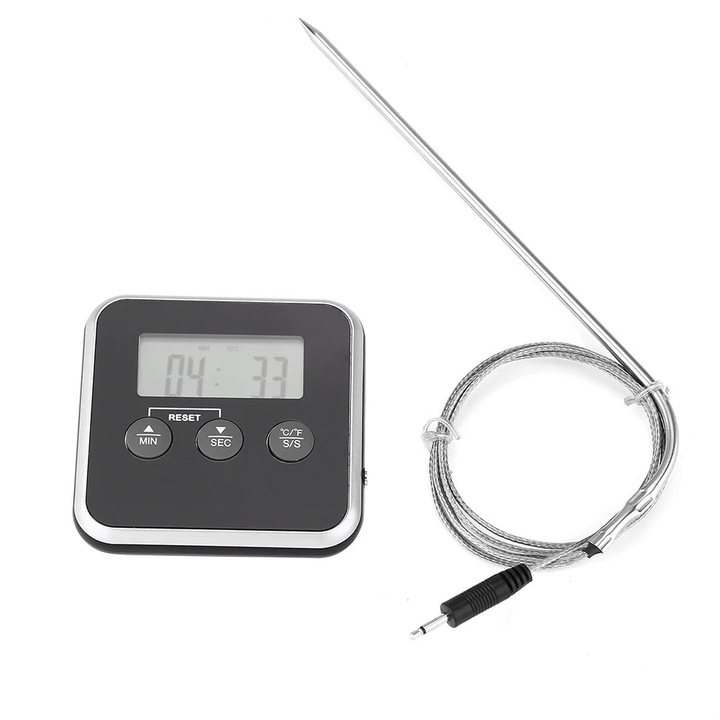 Termometru digital pentru alimente, negru, 78x78x17mm, cu alarma de temperatura si cronometru