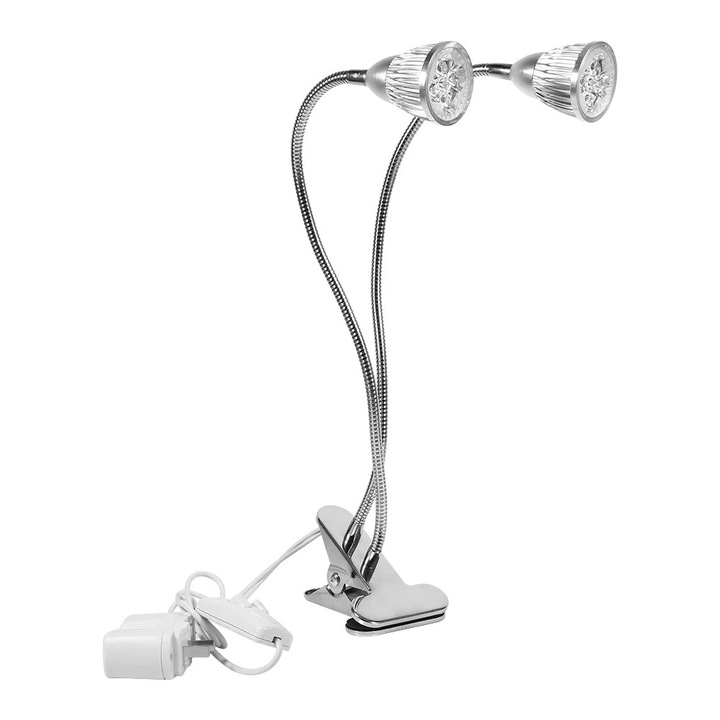 Lampa de crestere pentru plante, cu doua capete LED 10W, cu brat flexibil, 4.8x6.5cm, argintiu