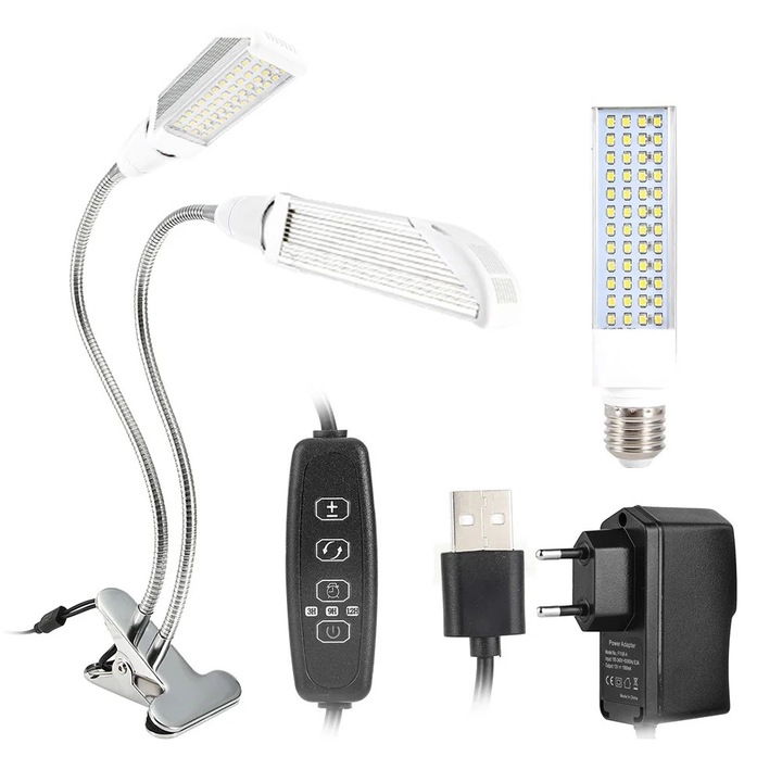 Lampa de crestere pentru plante, 45W, cu brat flexibil si clip, alb, 40x5.8cm, set cu 2 becuri